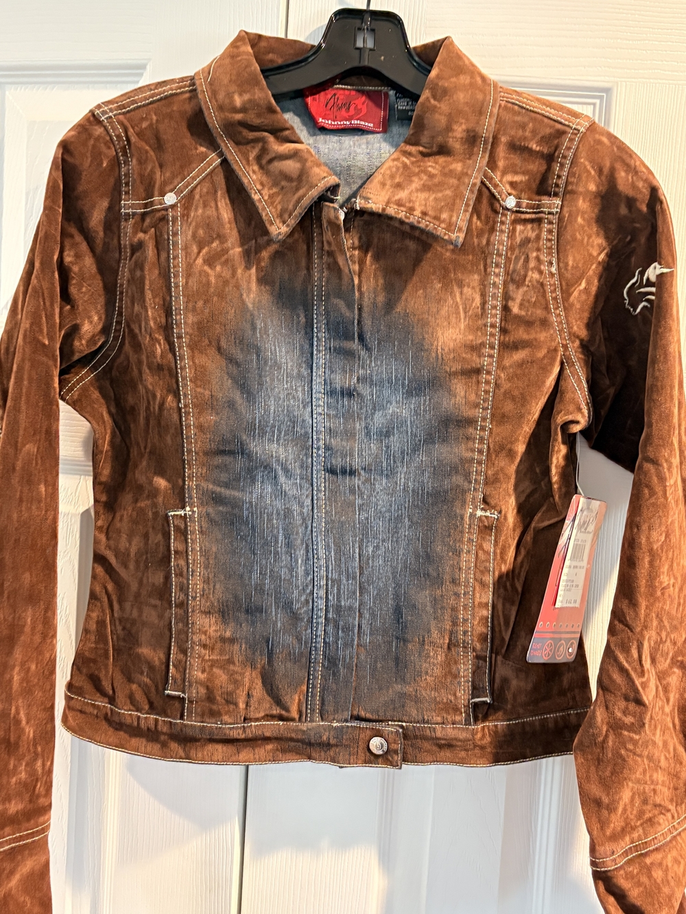 VTG Y2K Johnny Blaze Flame Velvet Flocked Denim Jacket NWT Deadstock Brown- Med